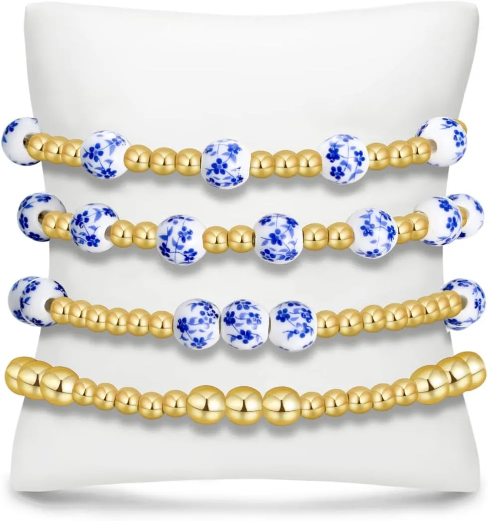 BOMAIL Gold Beaded Bracelets for Women Trendy Non Tarnish Gold Bracelet Stack 14K Gold Plated Pearl Bead Bracelets Cross Bracelets Set Stackable Stretch Beads Bracelet