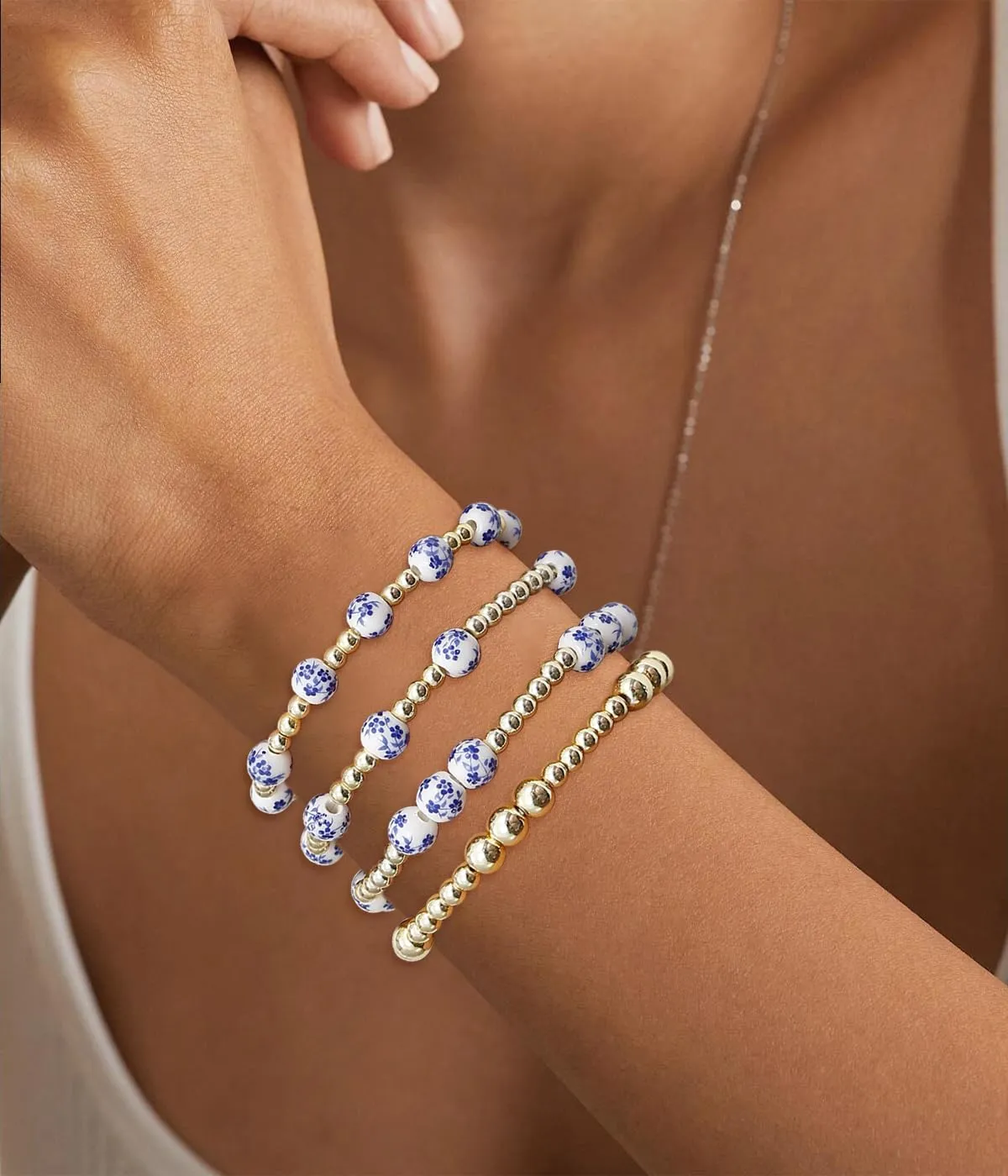 BOMAIL Gold Beaded Bracelets for Women Trendy Non Tarnish Gold Bracelet Stack 14K Gold Plated Pearl Bead Bracelets Cross Bracelets Set Stackable Stretch Beads Bracelet