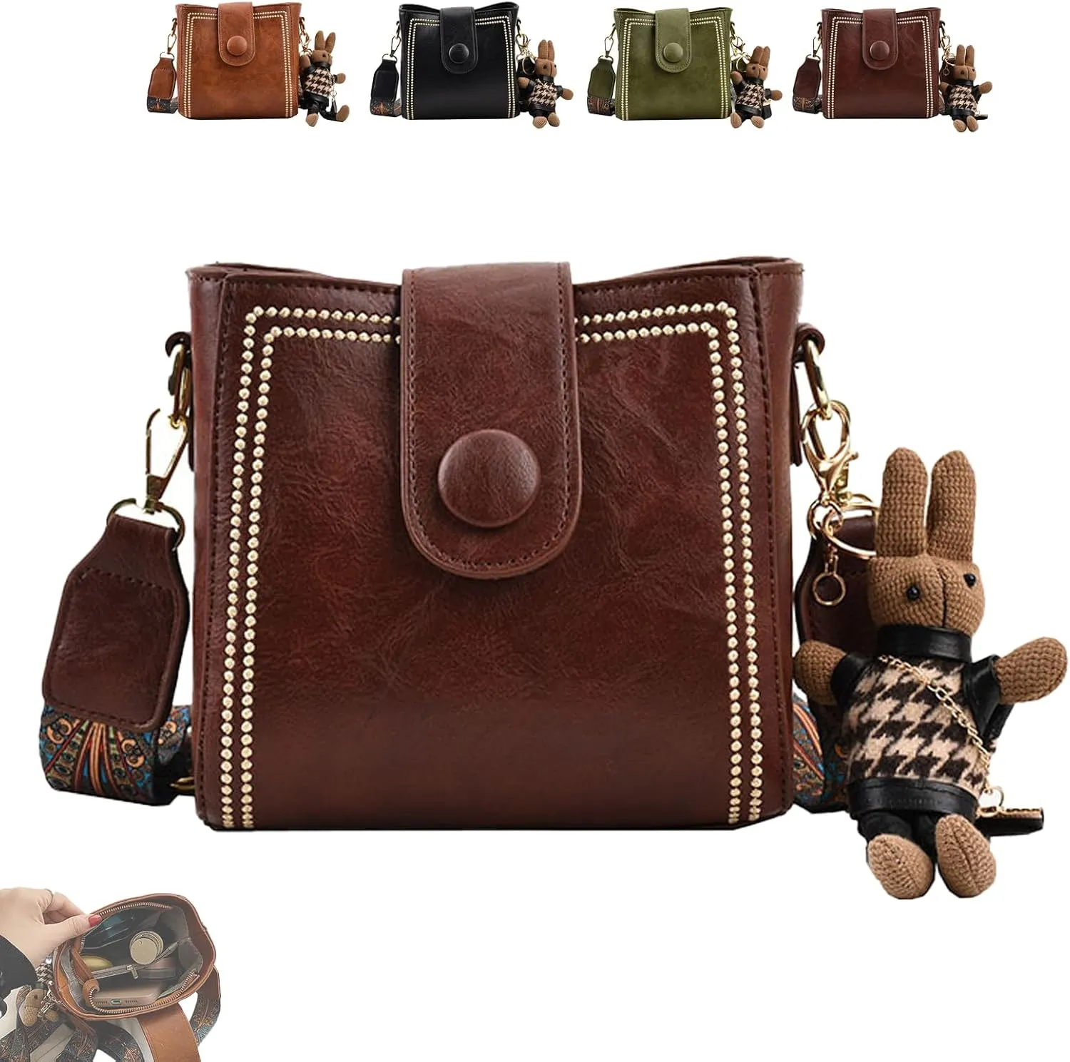 Bootara Bucket Bag,Bootara Vintage Bunny Charm Bucket Bag,Large Capacity Adjustable Trendy Crossbody Bags for Women