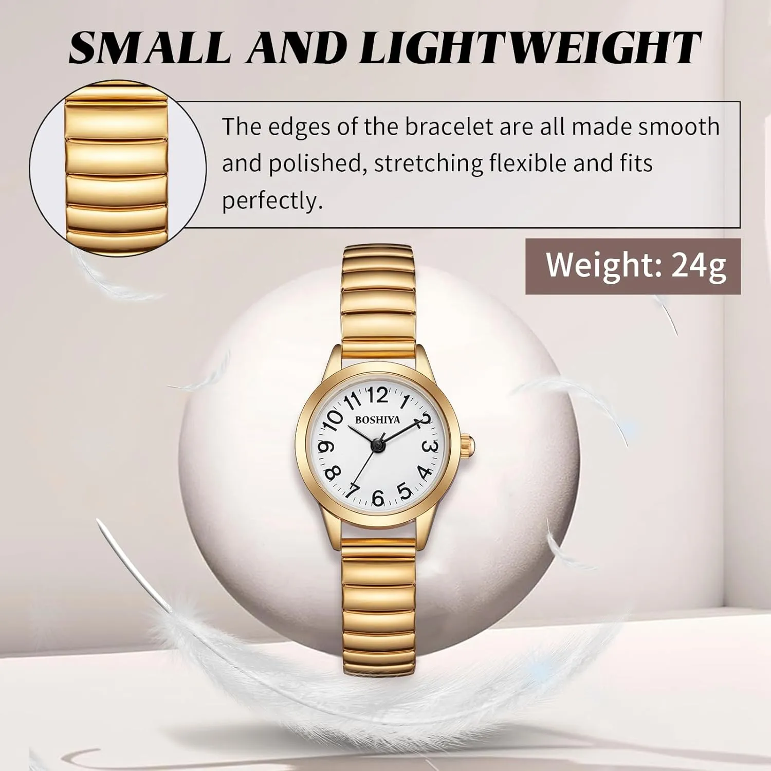 BOSHIYA Small Gold Watches for Women Easy Reader Analog Ladies Quartz Watches with Stainless Steel Expansion Band, Waterproof