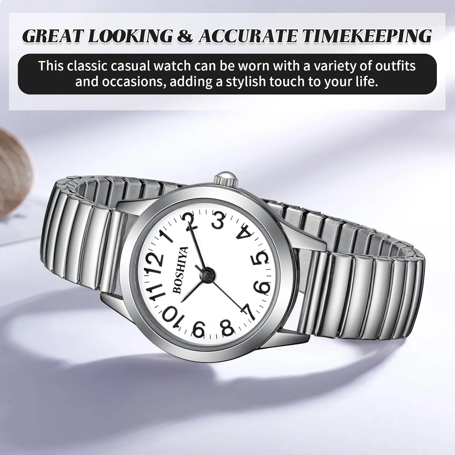 BOSHIYA Small Gold Watches for Women Easy Reader Analog Ladies Quartz Watches with Stainless Steel Expansion Band, Waterproof