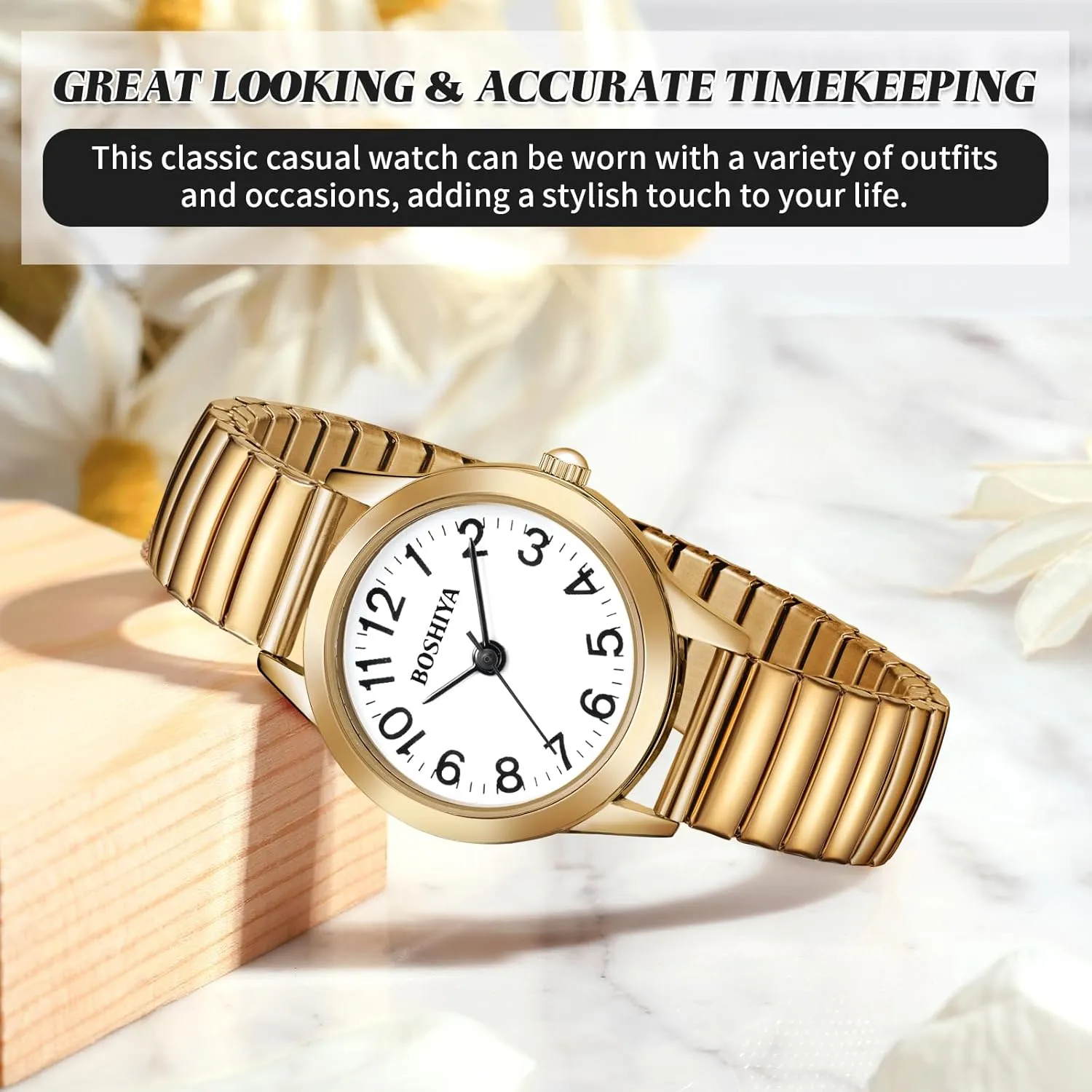 BOSHIYA Small Gold Watches for Women Easy Reader Analog Ladies Quartz Watches with Stainless Steel Expansion Band, Waterproof