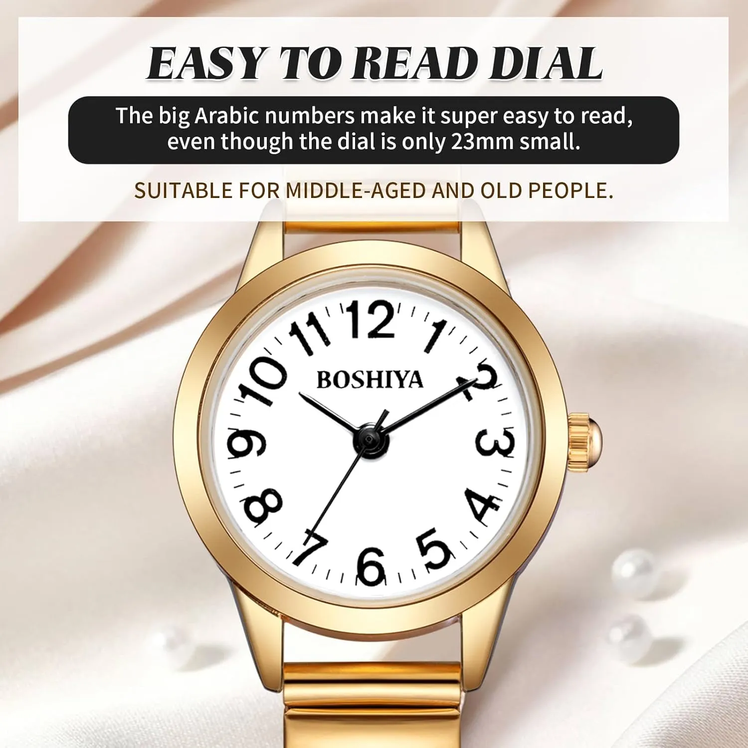 BOSHIYA Small Gold Watches for Women Easy Reader Analog Ladies Quartz Watches with Stainless Steel Expansion Band, Waterproof