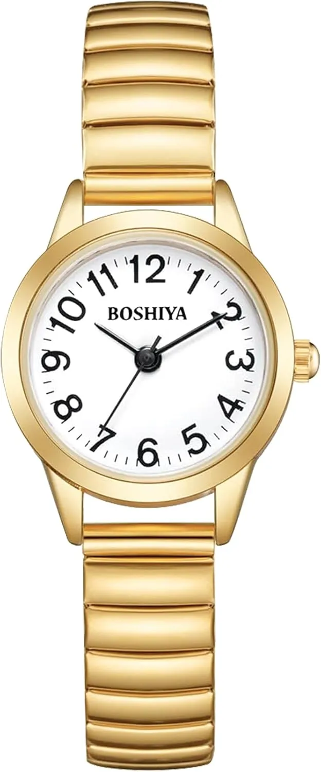BOSHIYA Small Gold Watches for Women Easy Reader Analog Ladies Quartz Watches with Stainless Steel Expansion Band, Waterproof