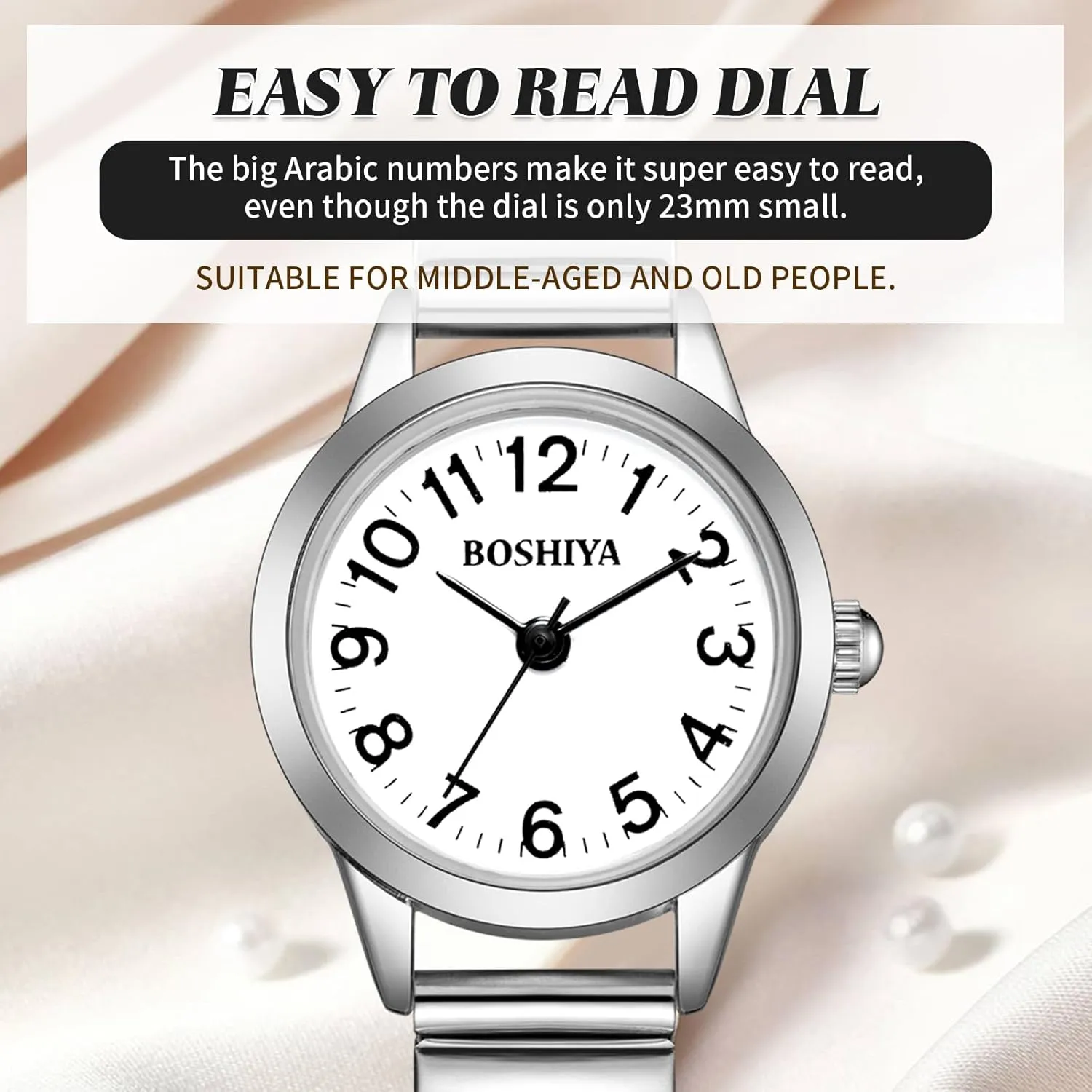 BOSHIYA Small Gold Watches for Women Easy Reader Analog Ladies Quartz Watches with Stainless Steel Expansion Band, Waterproof