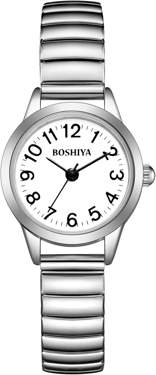 BOSHIYA Small Gold Watches for Women Easy Reader Analog Ladies Quartz Watches with Stainless Steel Expansion Band, Waterproof