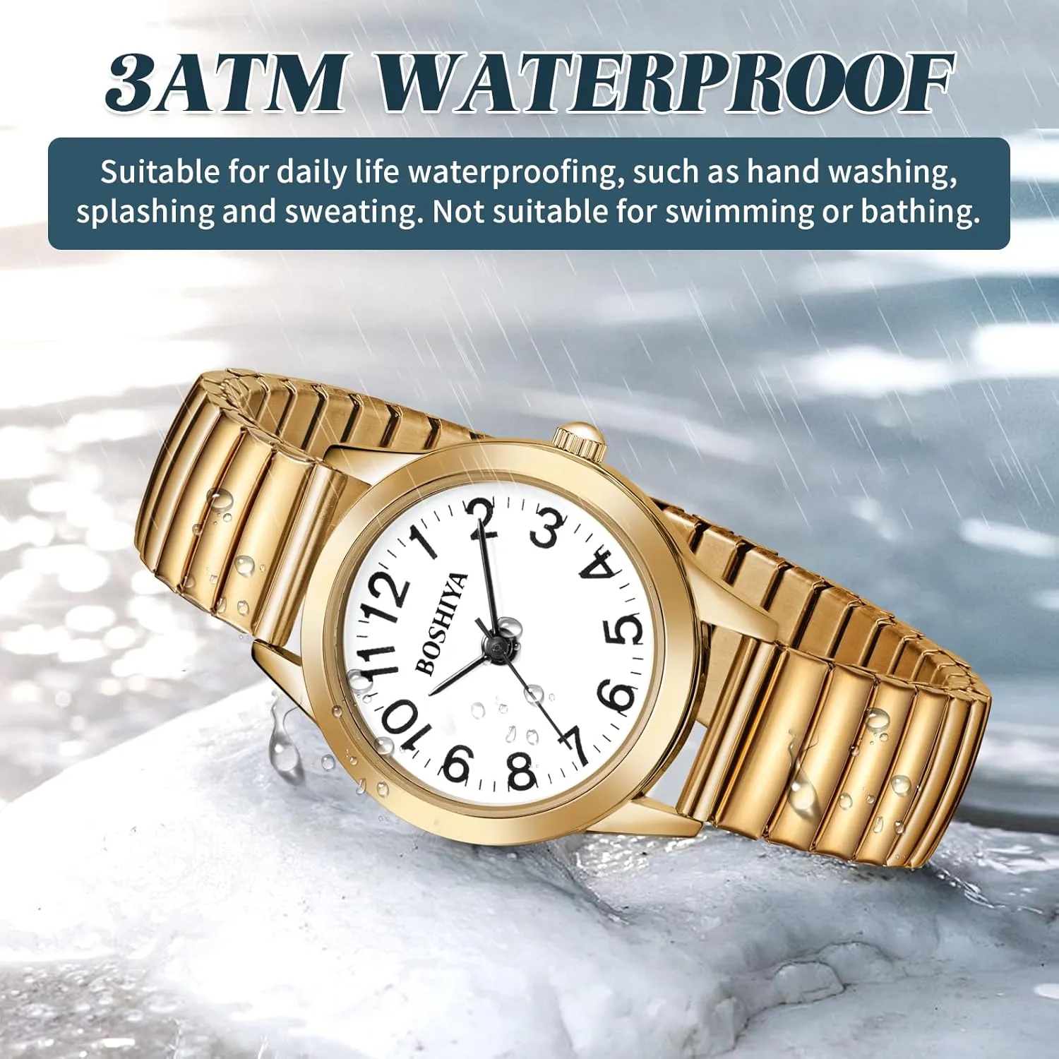 BOSHIYA Small Gold Watches for Women Easy Reader Analog Ladies Quartz Watches with Stainless Steel Expansion Band, Waterproof