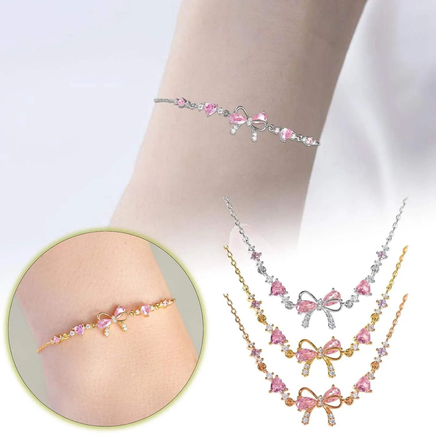 Bow Zircon Bracelet - Friendship is Like a Bow, Adjustable Ribbon Bow Beaded Chain Bracelet, Friendship Bracelets with White Pink Zircon, Women Trendy Bracelet Gift for Her