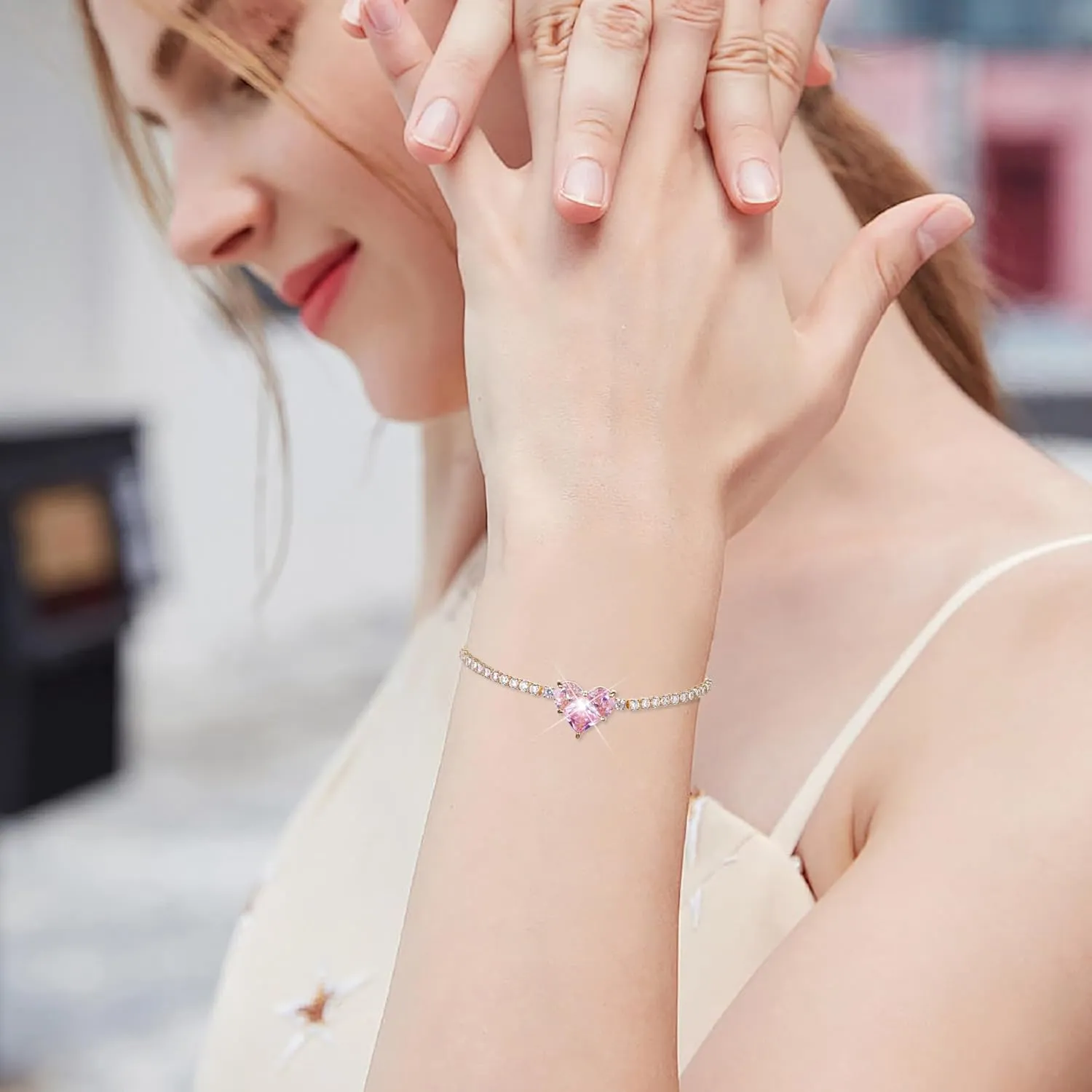 Bracelets Jewelry Gifts for Women - Gold Silver Trendy Fashion Adjustable Pink Crystal Link Bangle Bracelet Birthday Gifts for Women