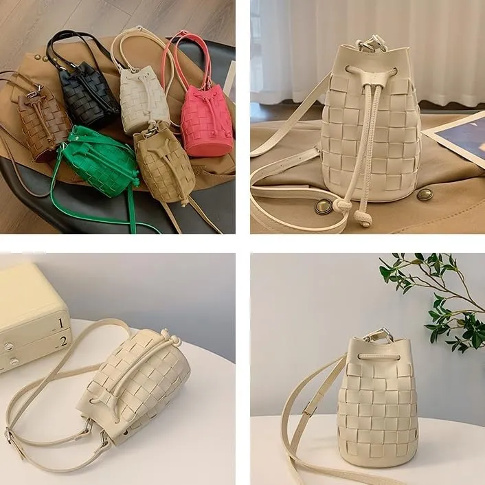 Bucket Bags for Women, Mini Drawstring Hobo Bucket Handbags Tote Crossbody Bag, Small Leather Bucket Purses for Women (Beige)