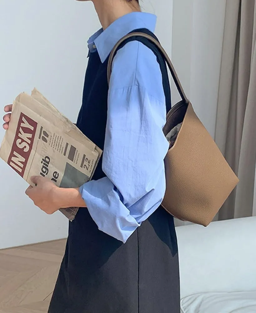 Bucket Handbag for Women Vegan Leather Shoulder Purses Casual Tote Bag for Work Top Handle Bag with Drawstring Purse