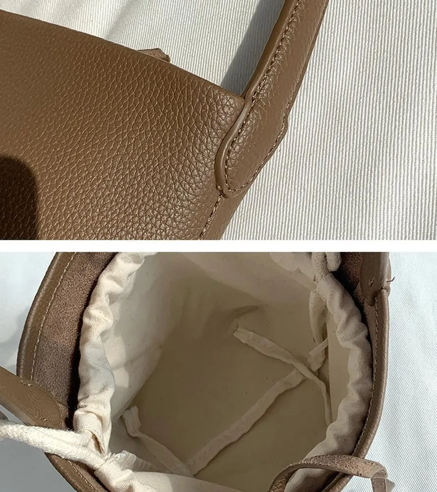Bucket Handbag for Women Vegan Leather Shoulder Purses Casual Tote Bag for Work Top Handle Bag with Drawstring Purse