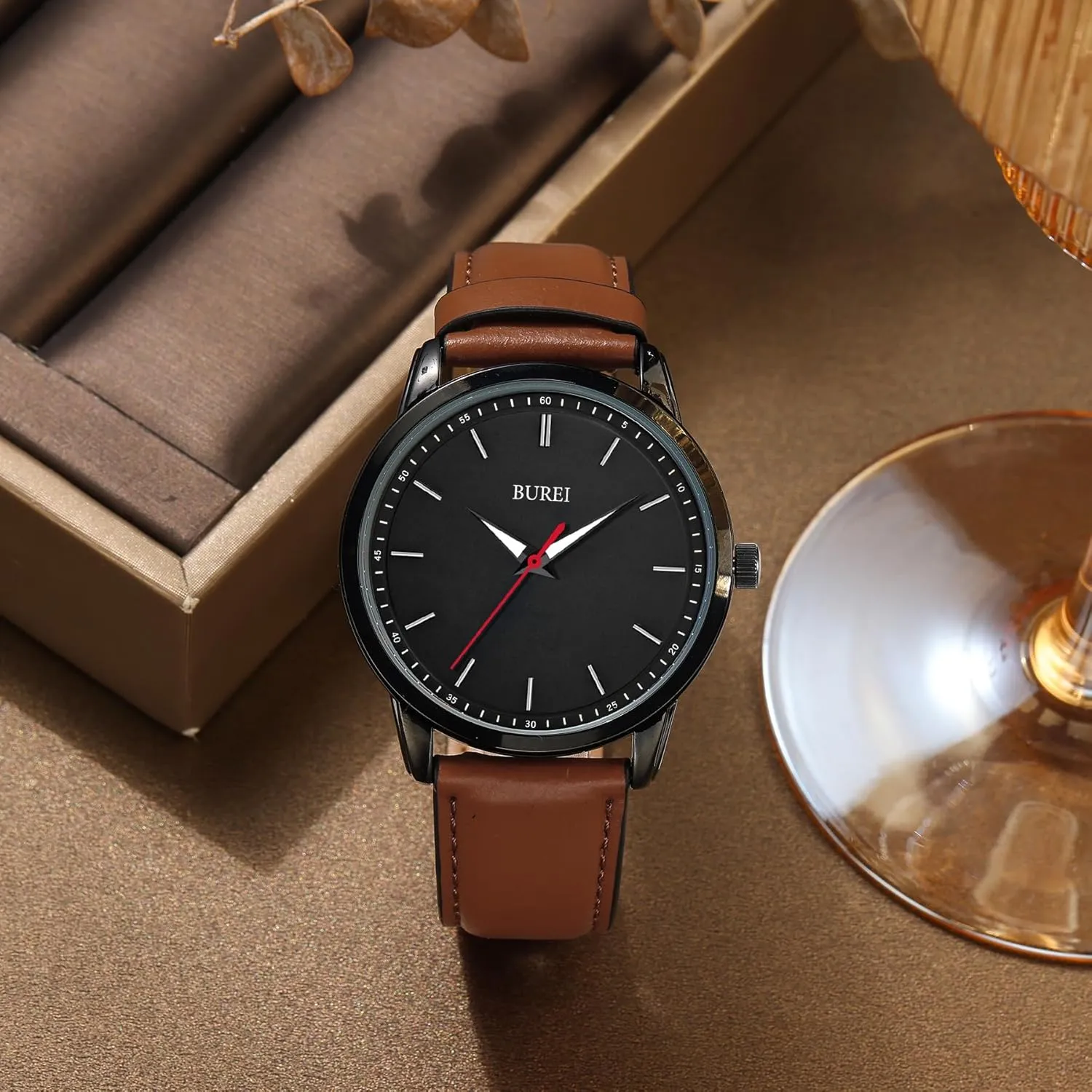 BUREI Mens Fashion Watches Dress Minimalist Wrist Watches for Men Brown Leather Analog Watch Display with Slim Case Design relojes para Hombres