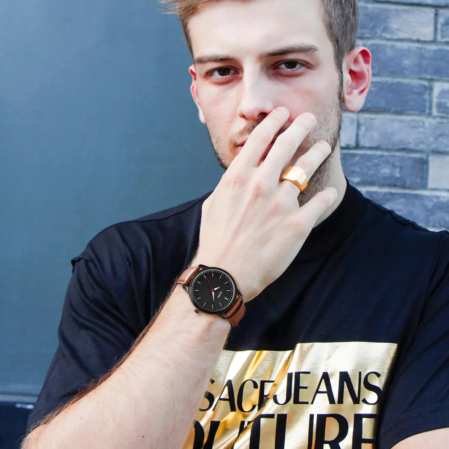 BUREI Mens Fashion Watches Dress Minimalist Wrist Watches for Men Brown Leather Analog Watch Display with Slim Case Design relojes para Hombres