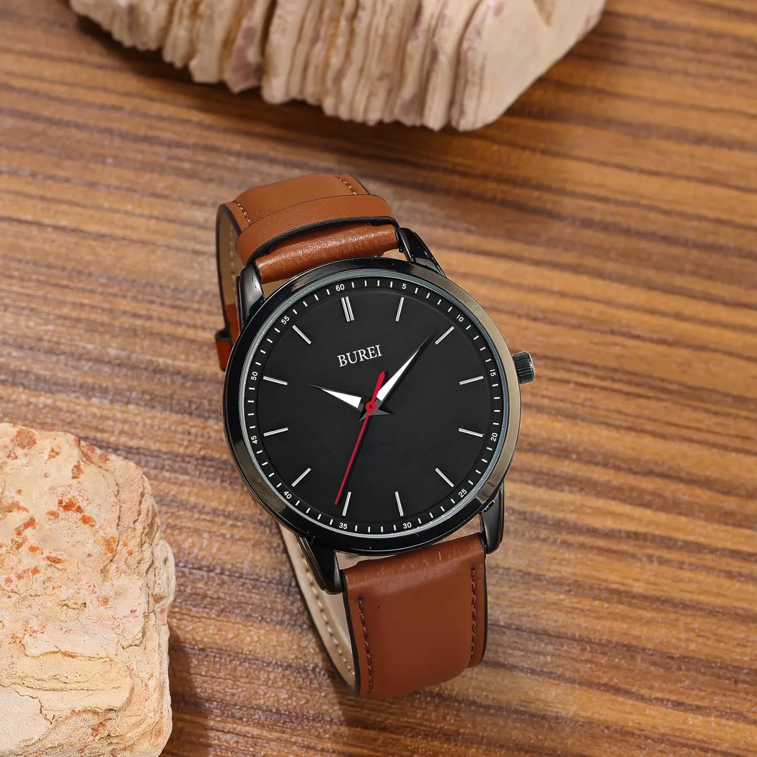BUREI Mens Fashion Watches Dress Minimalist Wrist Watches for Men Brown Leather Analog Watch Display with Slim Case Design relojes para Hombres