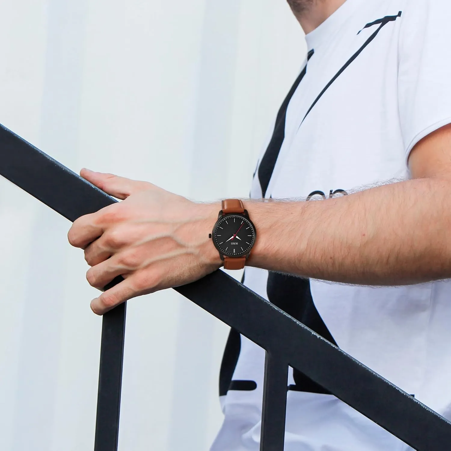 BUREI Mens Fashion Watches Dress Minimalist Wrist Watches for Men Brown Leather Analog Watch Display with Slim Case Design relojes para Hombres