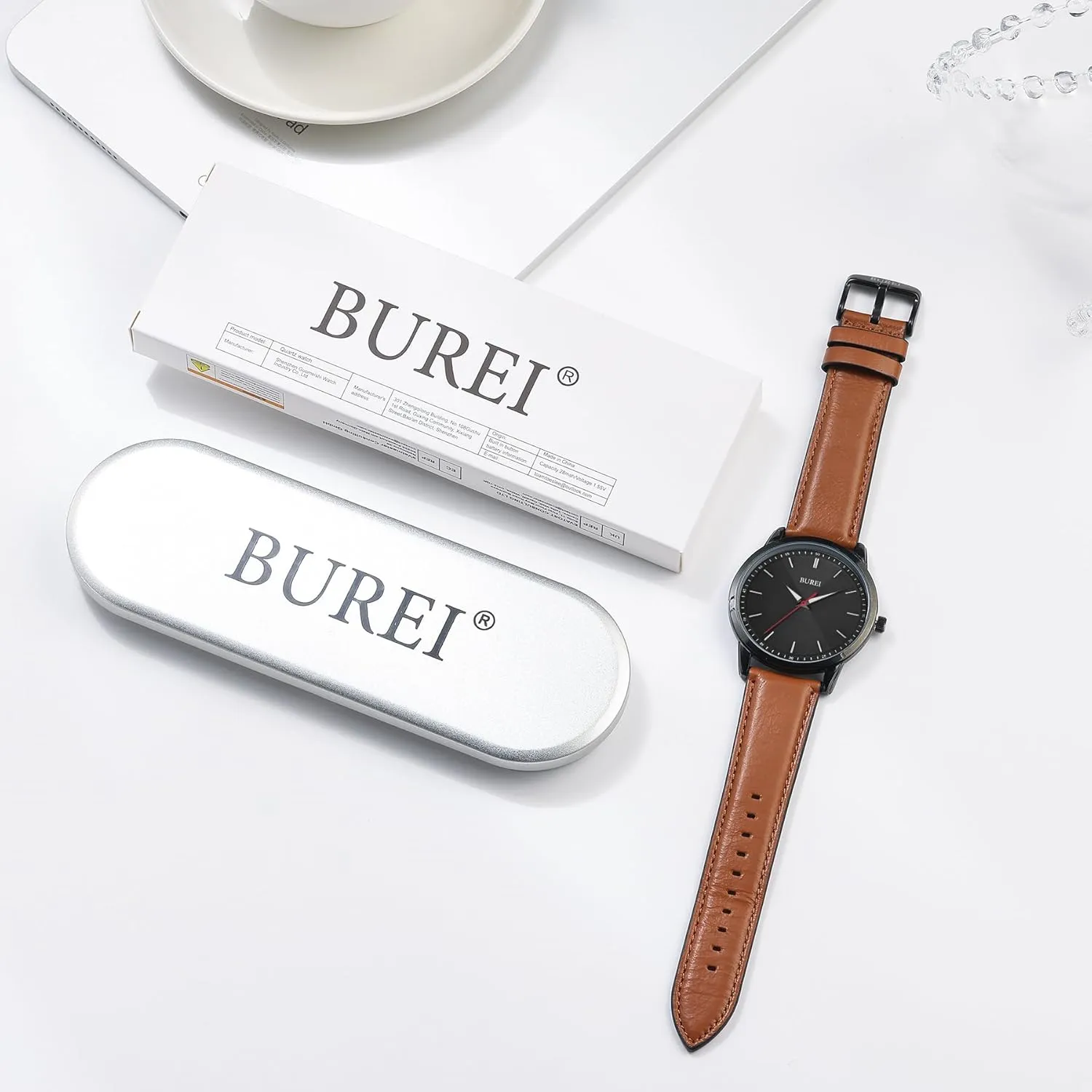 BUREI Mens Fashion Watches Dress Minimalist Wrist Watches for Men Brown Leather Analog Watch Display with Slim Case Design relojes para Hombres