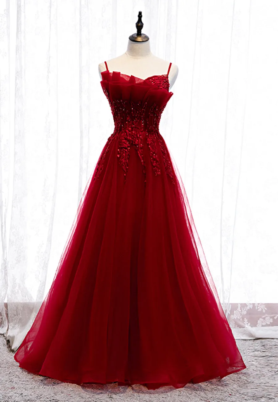 Burgundy Lace Long Prom Dresses A-Line Spaghetti Strap Evening Dresses