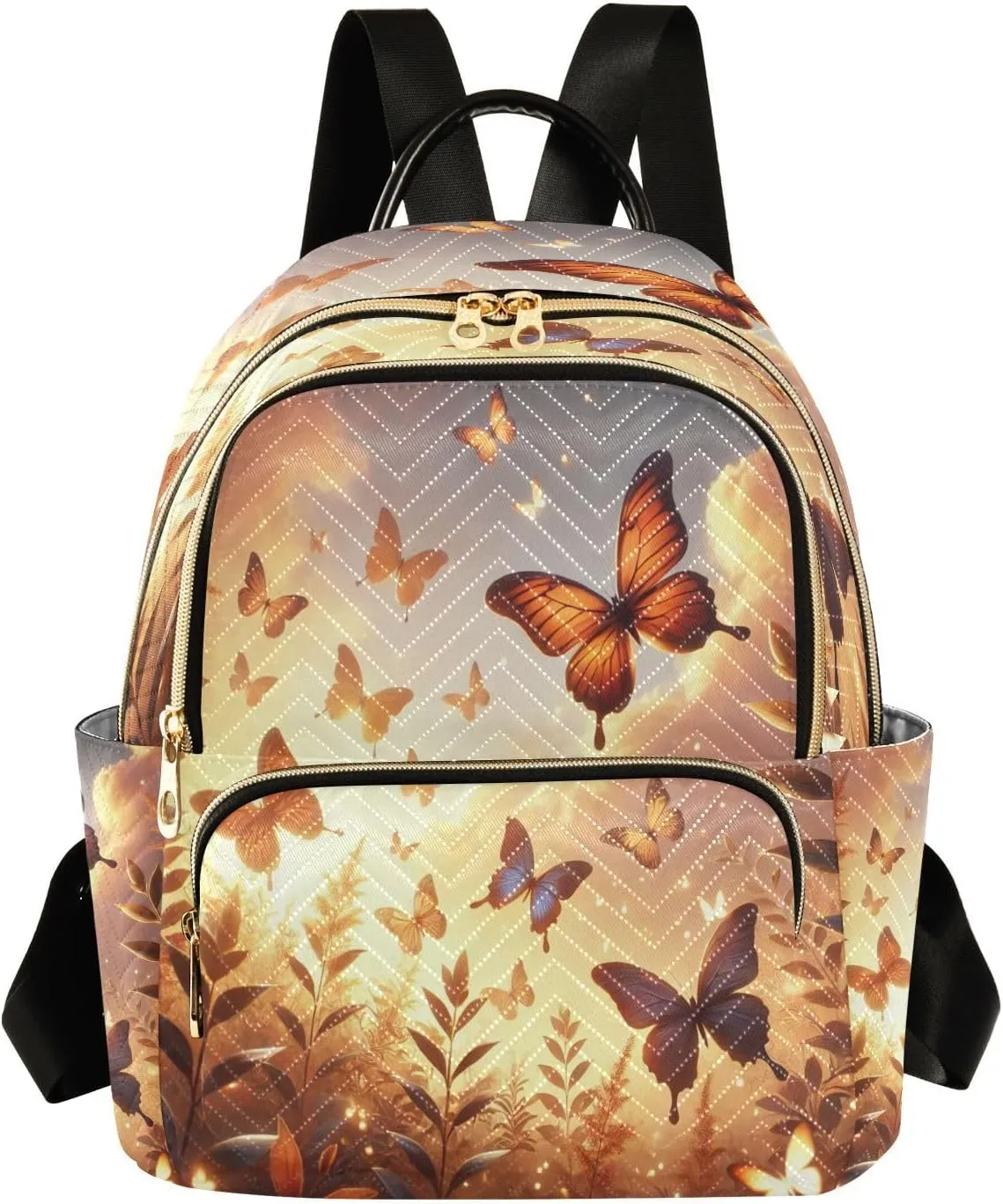 Butterflies Gold Mini Backpack Purse for Women Small Travel Casual Daypack Ladies Shoulder Bags Quilted Bookbag for Work M