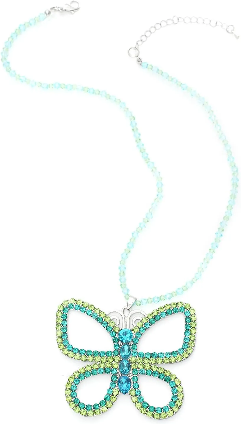 Butterfly Choker Necklace - Large 2.5" x 3" Sparkly Green Butterfly Pendant for Women, Elegant Costume Jewelry