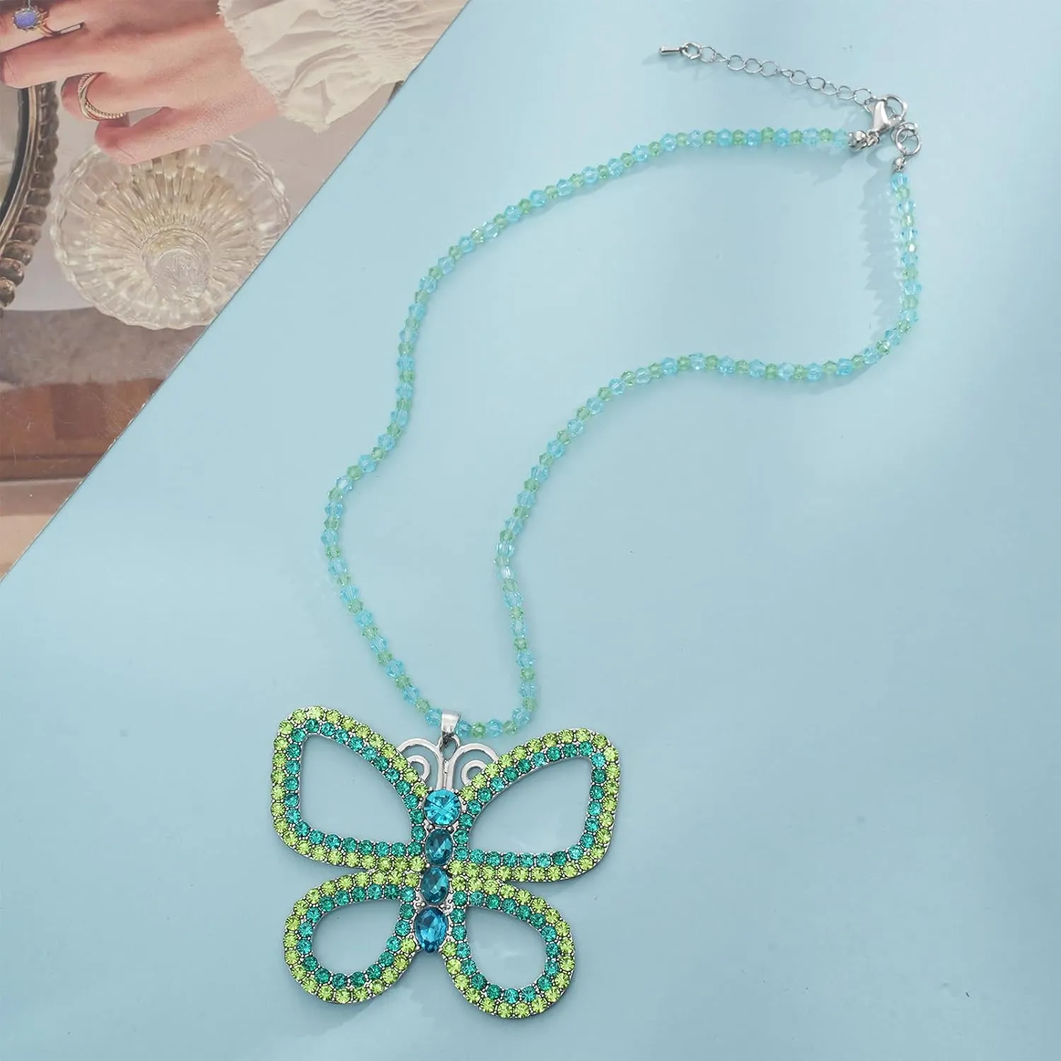 Butterfly Choker Necklace - Large 2.5" x 3" Sparkly Green Butterfly Pendant for Women, Elegant Costume Jewelry