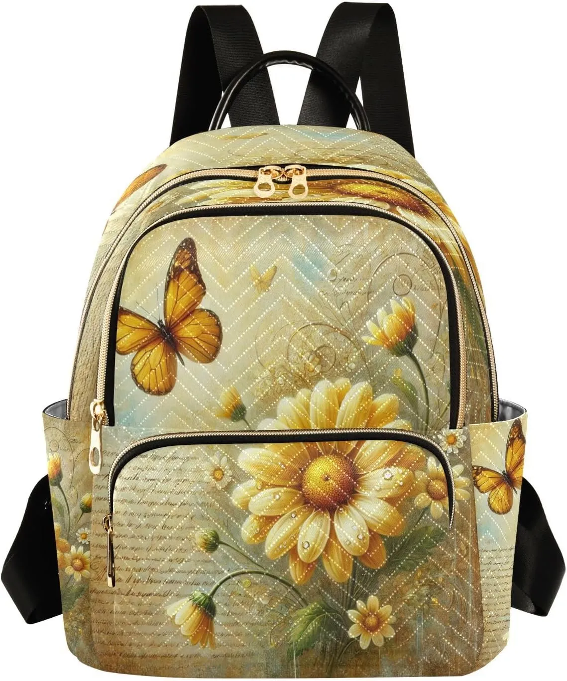 Butterfly Floral Golden Mini Backpack Purse for Women Ladies Shoulder Bags for Work Small Casual Bookbag Quilted Travel Daypack M