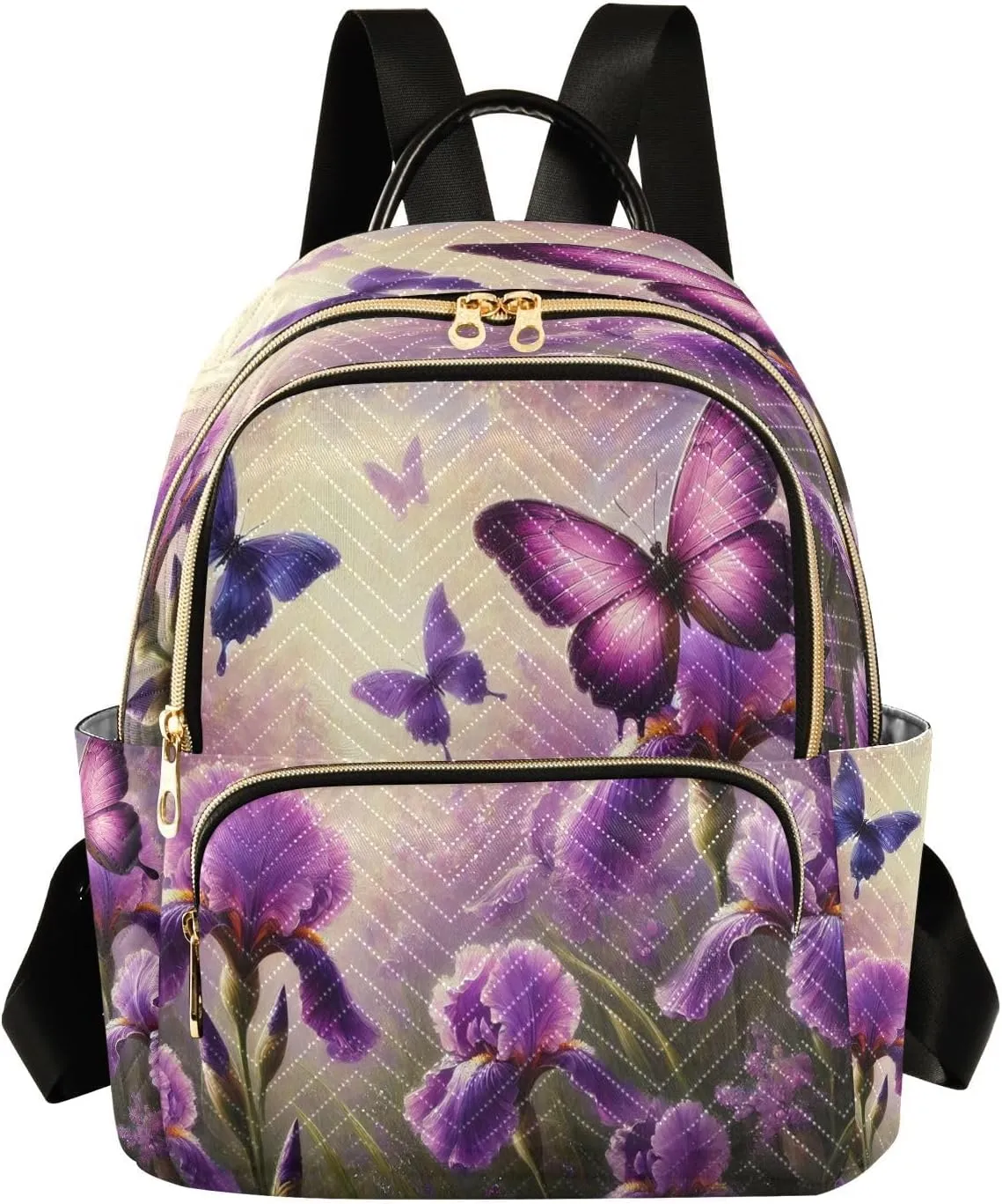 Butterfly Floral Purple Mini Backpack Purse for Women Small Quilted Bookbag Casual Daypack for Work Ladies Travel Shoulder Bags M