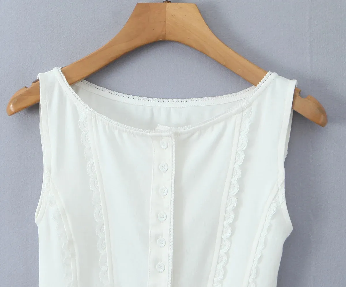 Buttoned Lace Trim Tank Top