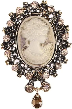 Cameo Brooch, Vintage Brooches for Women, Elegant Lady Maiden Portrait Brooch with Crystal Rhinestone for Antique Jewelry