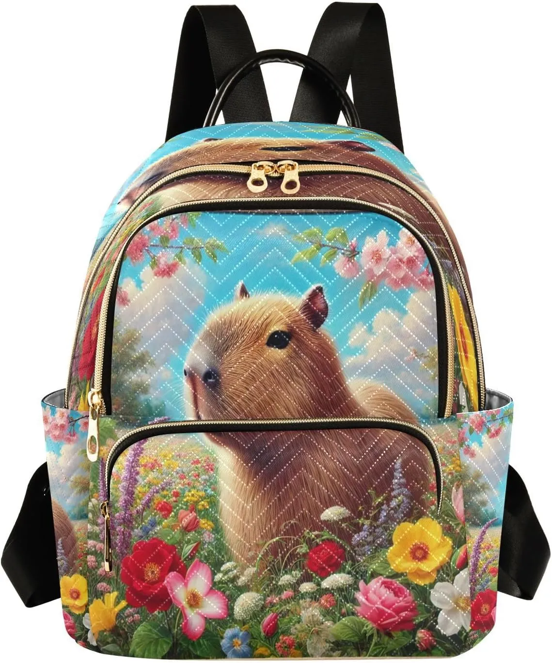 Capybara Flower Field Mini Backpack Purse for Women Small Quilted Bookbag Travel Casual Daypack Ladies Shoulder Bags for Work M