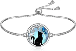 Cat Bracelet Moonstone Black Cat Butterfly Bracelets for Women Sterling Silver Adjustable Friendship Remembrance Gifts