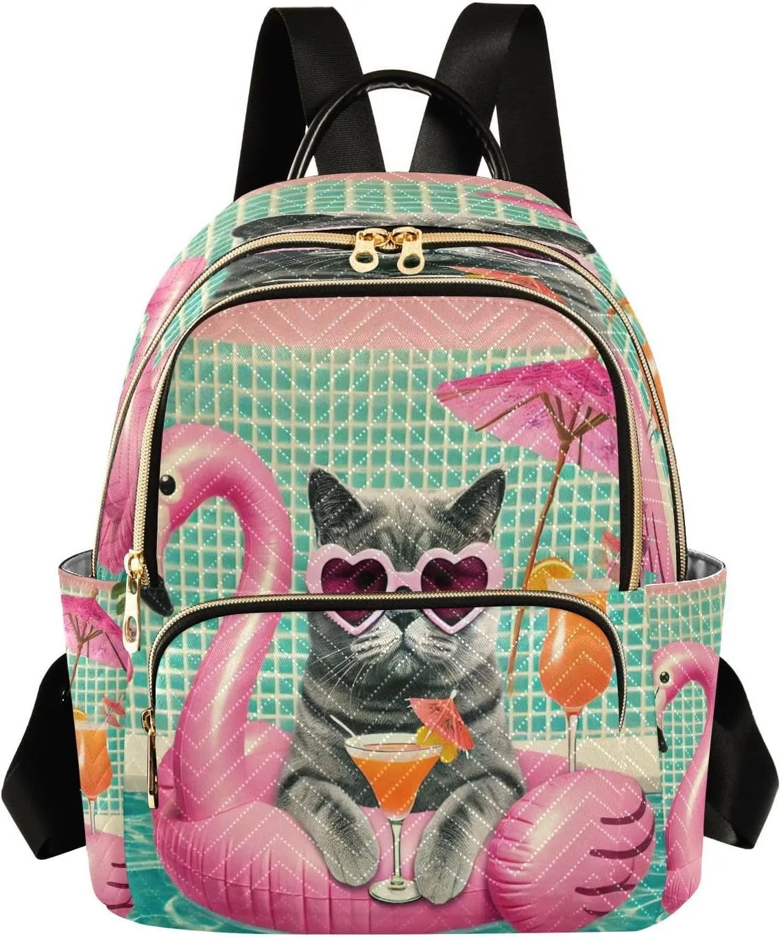 Cat Flamingo Pool Mini Backpack Purse for Women Small Quilted Bookbag Casual Daypack for Work Ladies Travel Shoulder Bags M
