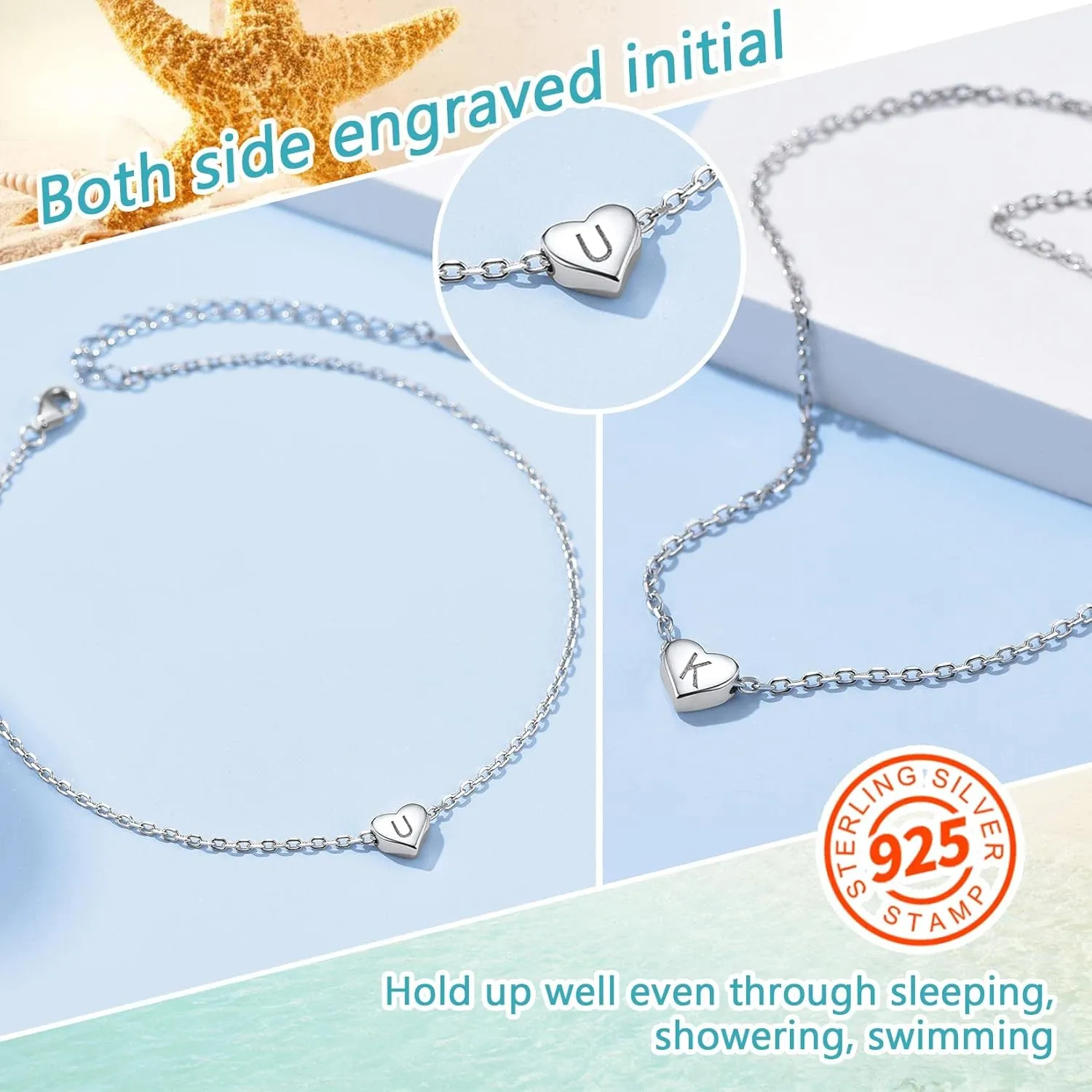 ChainsProMax Women Solid Silver Heart Ankle Bracelets, Summer Foot Chain, A to Z Initial Anklet, Adjustable-Send Gift Box