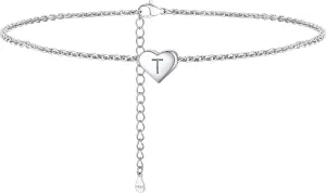 ChainsProMax Women Solid Silver Heart Ankle Bracelets, Summer Foot Chain, A to Z Initial Anklet, Adjustable-Send Gift Box