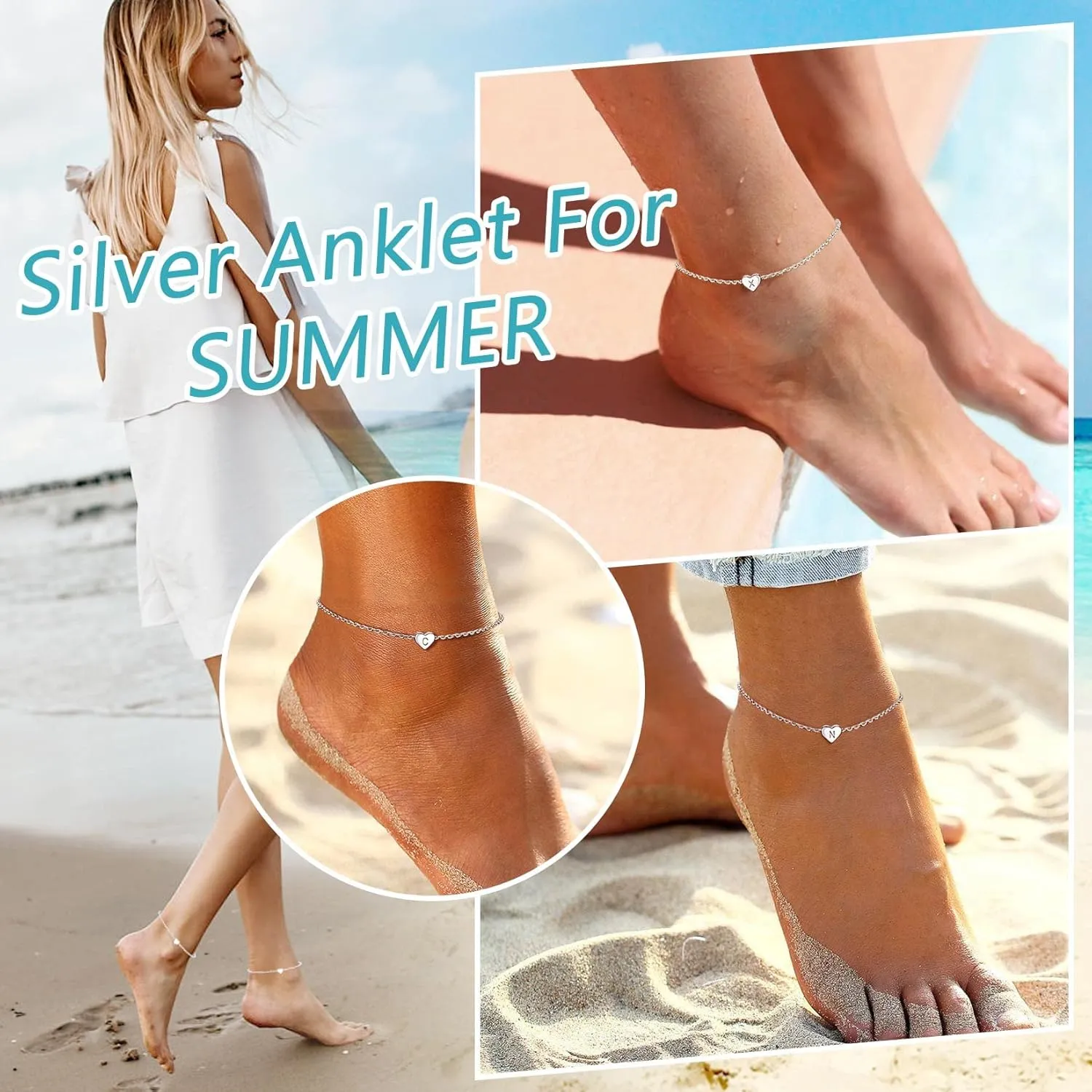 ChainsProMax Women Solid Silver Heart Ankle Bracelets, Summer Foot Chain, A to Z Initial Anklet, Adjustable-Send Gift Box