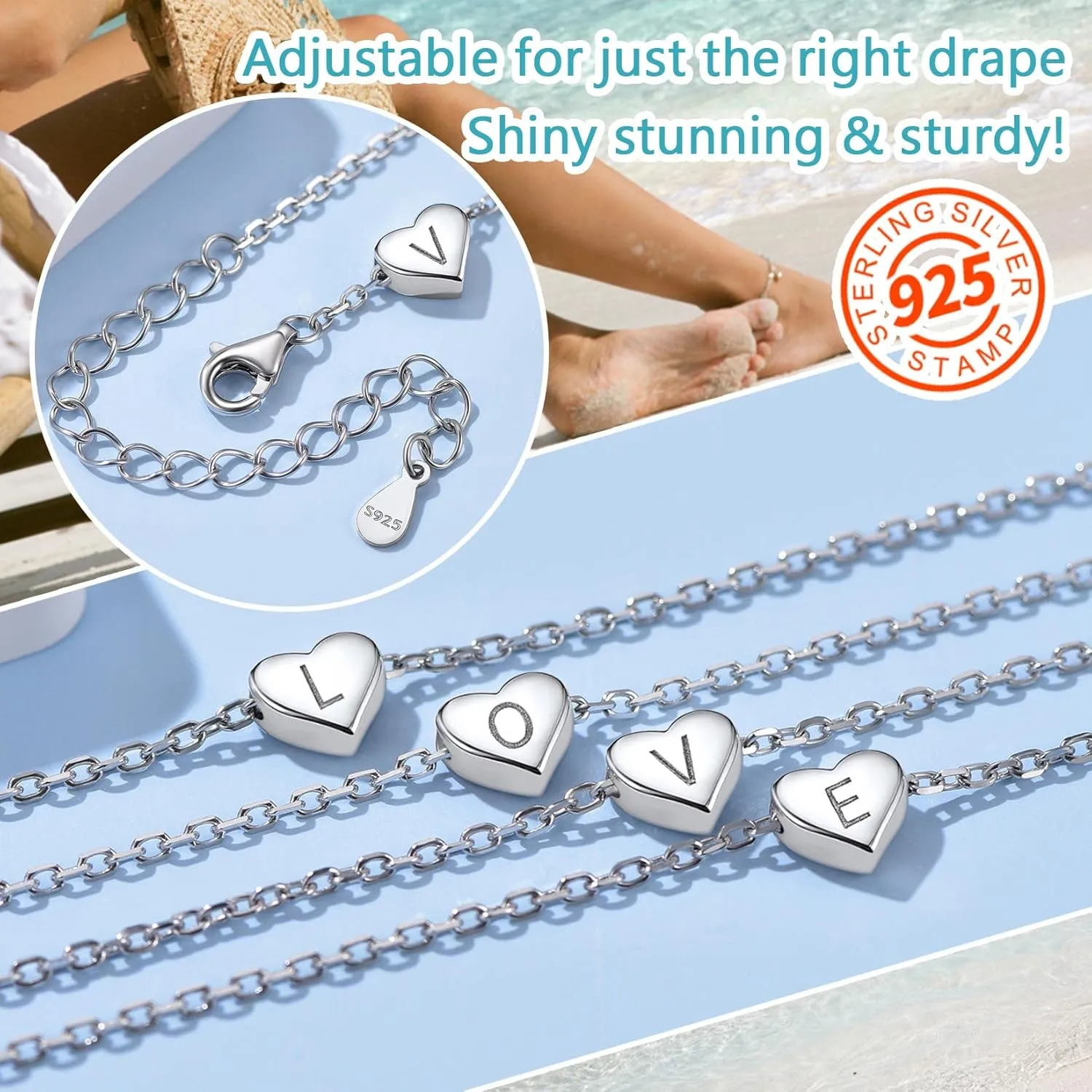 ChainsProMax Women Solid Silver Heart Ankle Bracelets, Summer Foot Chain, A to Z Initial Anklet, Adjustable-Send Gift Box