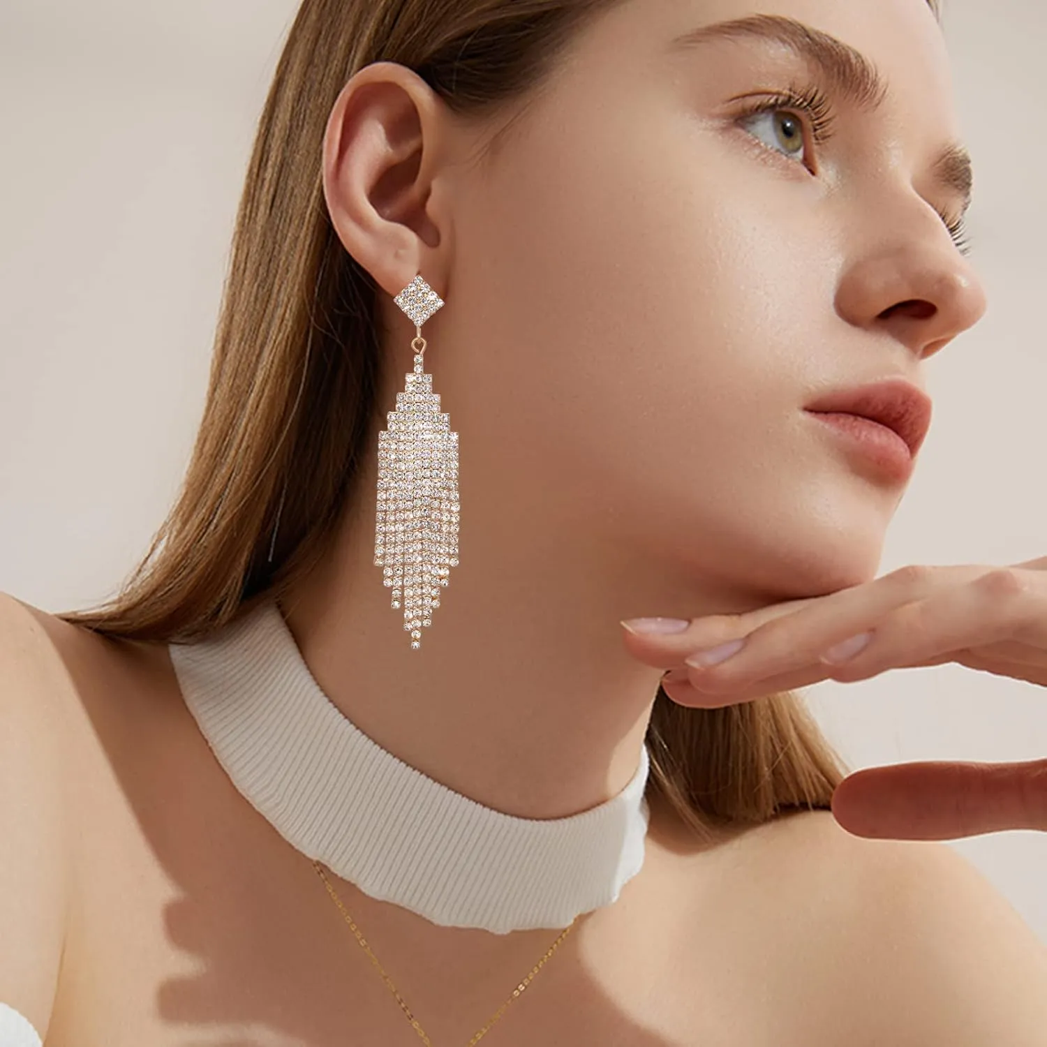 Chandelier Tassel Linear Dangle Drop Earrings for Women Rhinestone Earring Austrian Crystal Wedding Party Boho Long Chain