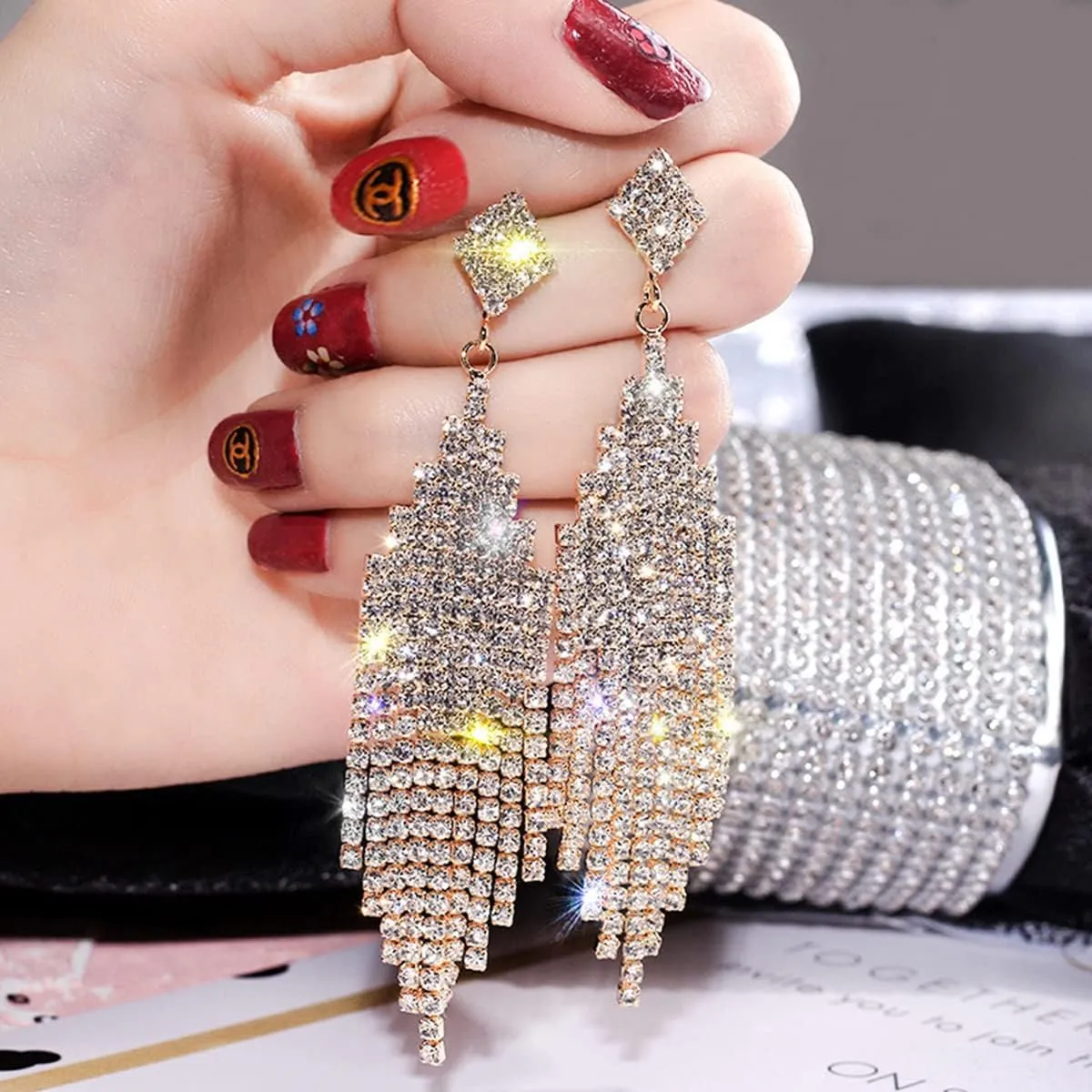 Chandelier Tassel Linear Dangle Drop Earrings for Women Rhinestone Earring Austrian Crystal Wedding Party Boho Long Chain