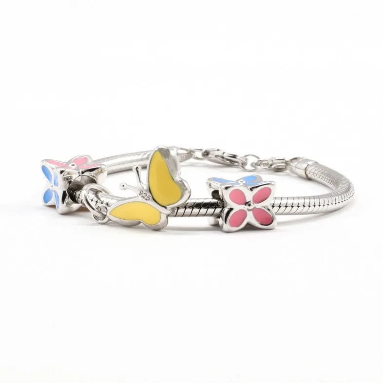 Charm Bracelet in 925 Sterling Silver <br> <span style="font-size: 11px; font-family:Helvetica,Arial,sans-serif;">Yellow Enamel Butterfly Charm & Enamel Flower Charms</span>