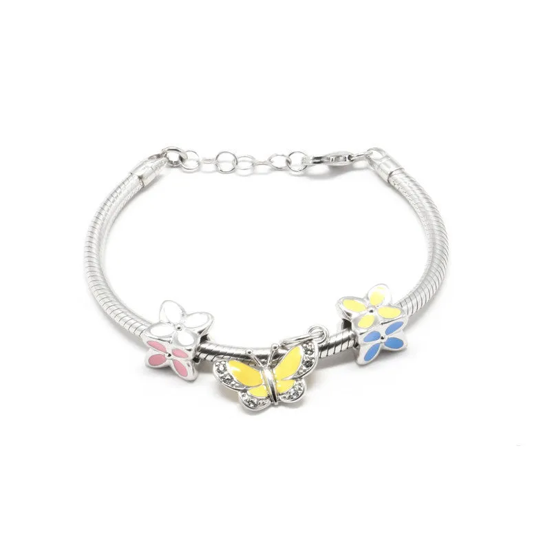 Charm Bracelet in 925 Sterling Silver <br> <span style="font-size: 11px; font-family:Helvetica,Arial,sans-serif;">Yellow Enamel Butterfly Charm & Enamel Flower Charms</span>