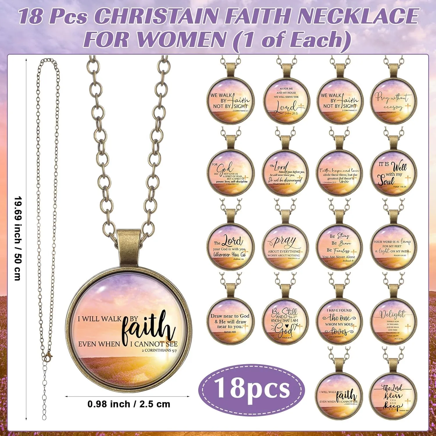 Christian Gifts Bulk Bible Verse Pendant Necklace Religious Faith Inspirational Necklace with 24 Inches Chain for Women Holy Communion VBS Gifts