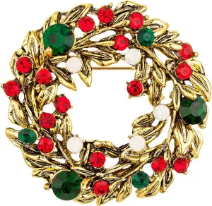Christmas Brooches for Women Sparkling Vintage Gold Christmas Wreath Brooch Cute Christmas Acessories for Women B01H