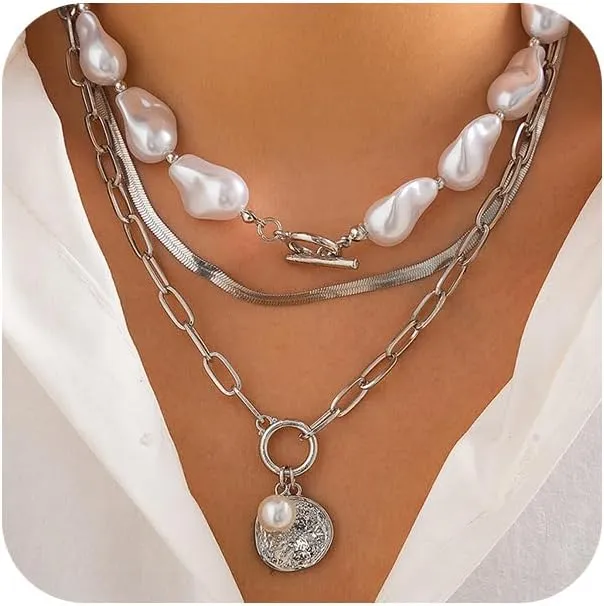 Chunky Gold Layered Pearl Coin Necklaces Stack for Women Dainty, Statement Trendy Multi-layered OT Buckle Paperclip Chain Necklace Party Jewelry Gifts