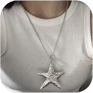Chunky Silver Starfish Necklace for Women Gothic Star Spiral Pendant Necklaces Summer Beach Accessories for Women