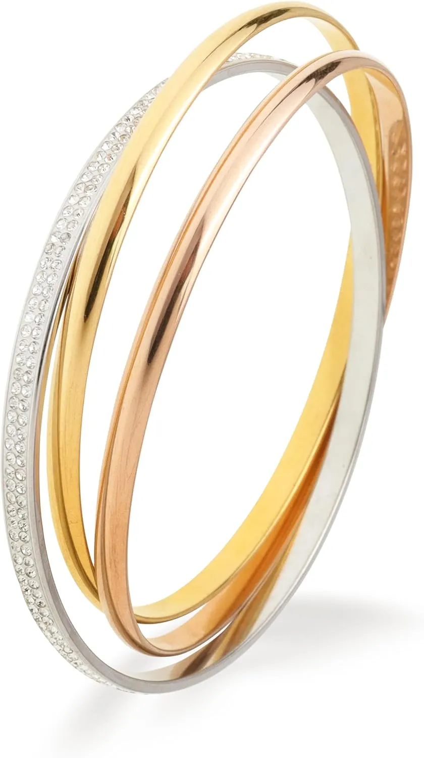Chunky Triple Tone Rose Silver Yellow Gold Interlocking Stackable Bangle Bracelets for Woman, Simple Cubic Zirconia Bangles Stainless Steel Bracelet Set Trendy Statement Jewelry Gifts