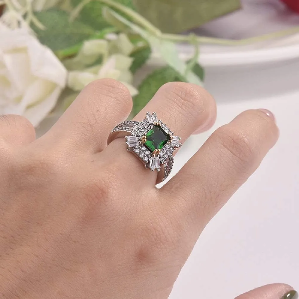 CHWLNJN Luxury Jewelry 925 Sterling Silver Emerald Ring Shiny Complete CZ Diamond Ring Cubic Exquisite Cut CZ Diamond Female Ring Anniversary Eternal Engagement Wedding Ring (7)