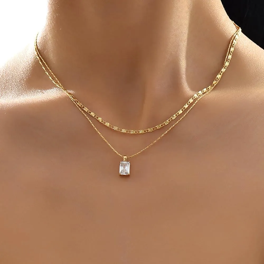 CJIAYUJEW Dainty Gold Necklace for Women Square Leaf Flower Round Pendent Cubic Zircon Layered Necklaces Simple Paperclip Chain Choker Necklaces for Women