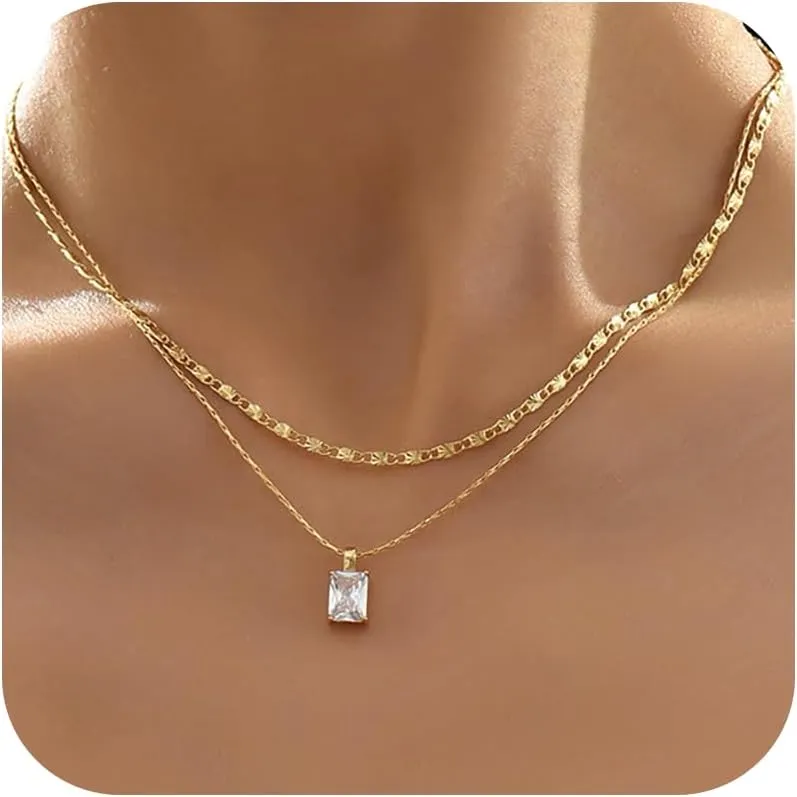CJIAYUJEW Dainty Gold Necklace for Women Square Leaf Flower Round Pendent Cubic Zircon Layered Necklaces Simple Paperclip Chain Choker Necklaces for Women