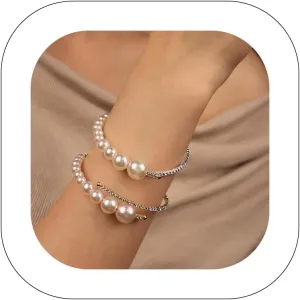 Classic Rhinestone Cuff Bracelets Single Row Imilitation Pearl Bangle Trendy Bride Wedding Jewelry Accessories for Women Girls