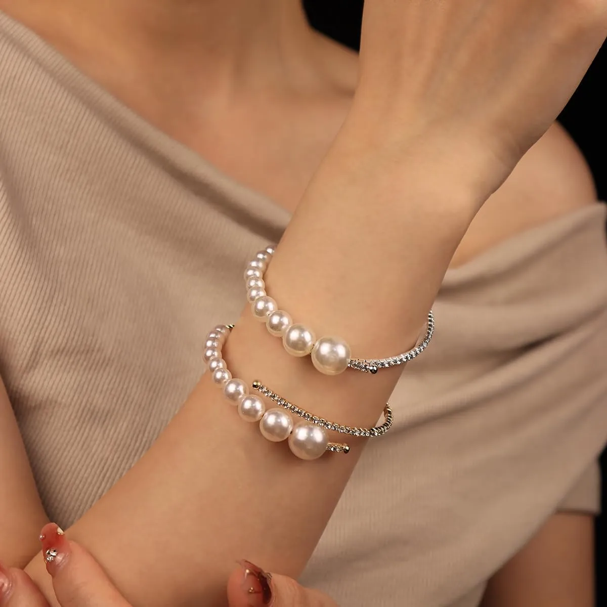 Classic Rhinestone Cuff Bracelets Single Row Imilitation Pearl Bangle Trendy Bride Wedding Jewelry Accessories for Women Girls